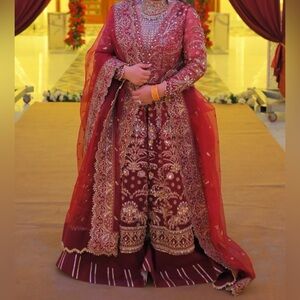 Elegant Maroon Embroidered Long Sleeve Dress for Indian/pakistani wedding.